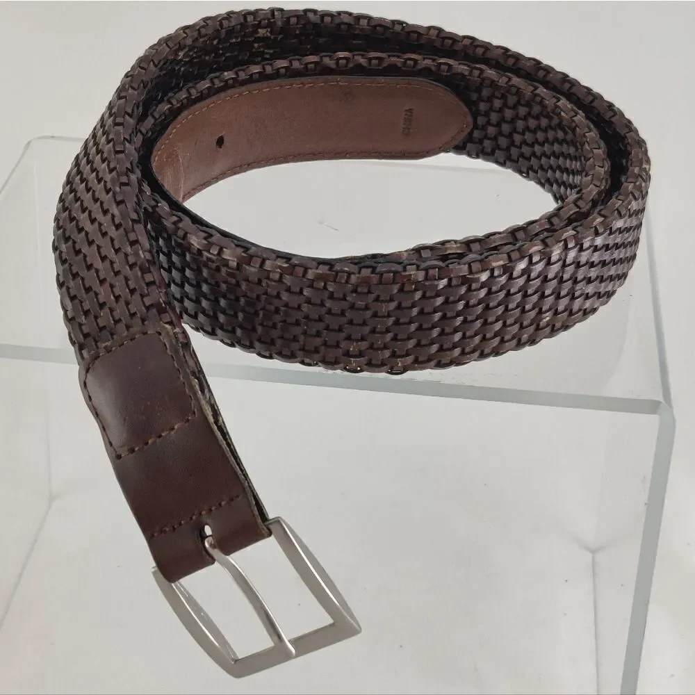 Woven genuine Leather Belt Sz 40 in Brown Square Buckle Heel Prong Silver Metal